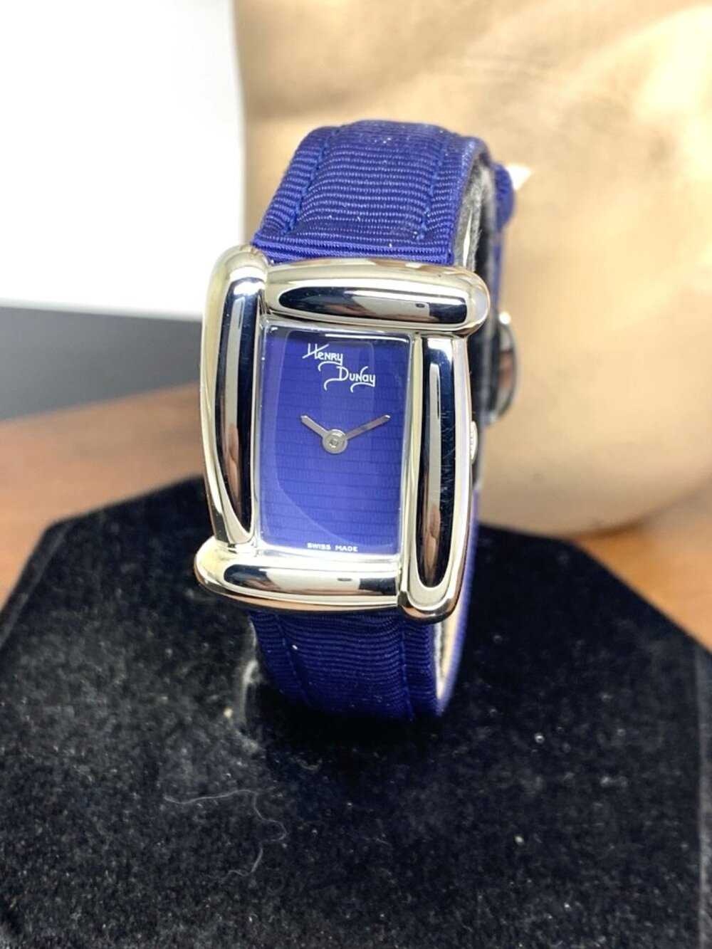 Henry Dunay Sabi Women's Watch Swiss Quartz Tank Blue Dial Leather Nylon Strap